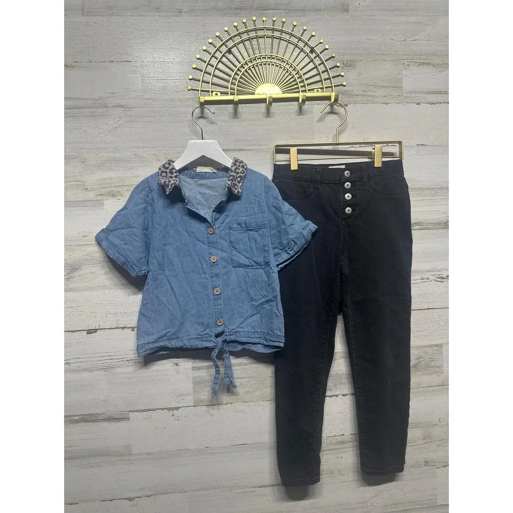 Jessica Simpson Osh Kosh Set Girls 8 Leopard Collar Tie Front Jeans EUC